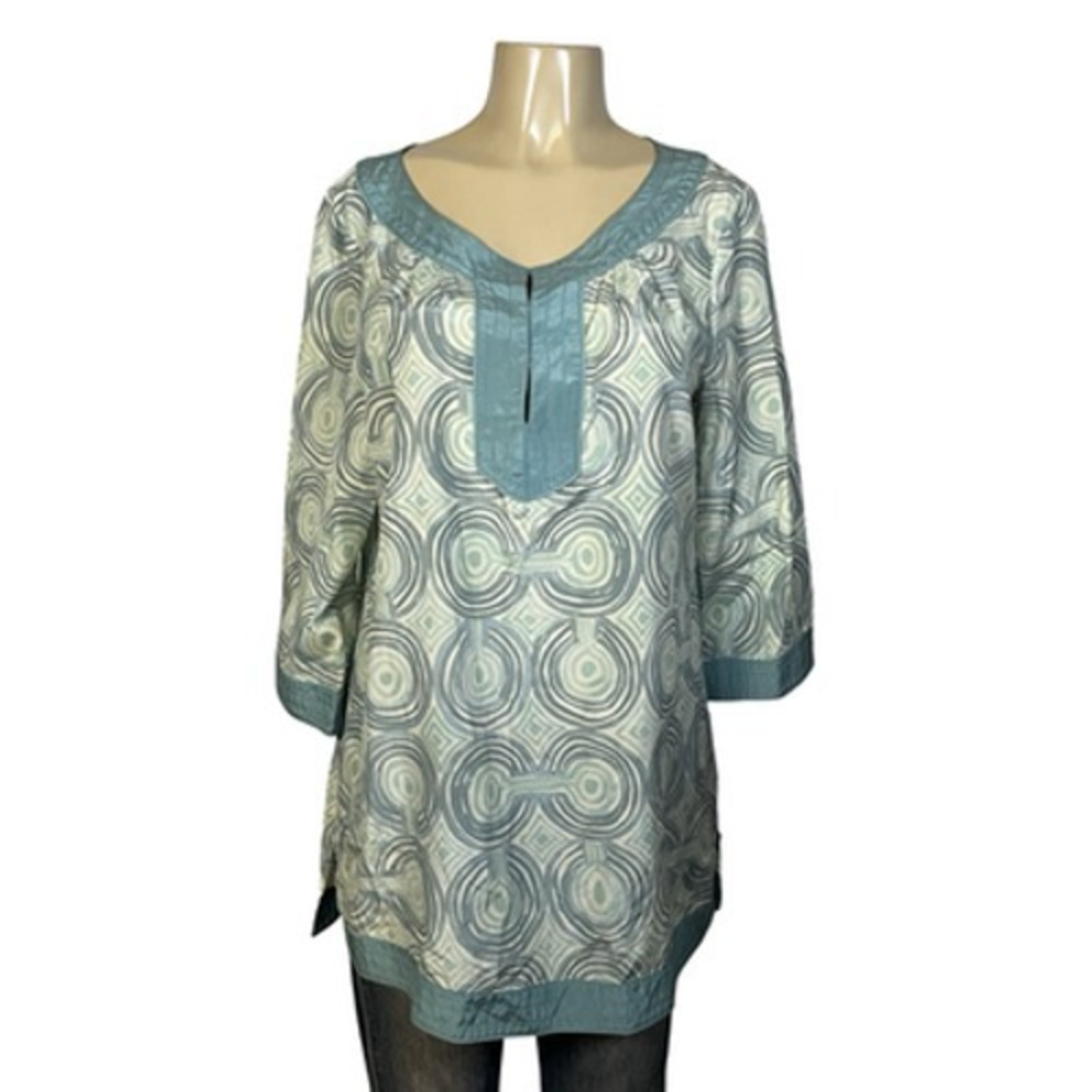 Coach Tunic Top Womens Large‎ Green Silk Cotton Geometric Print 3/4 Sleeve Boho